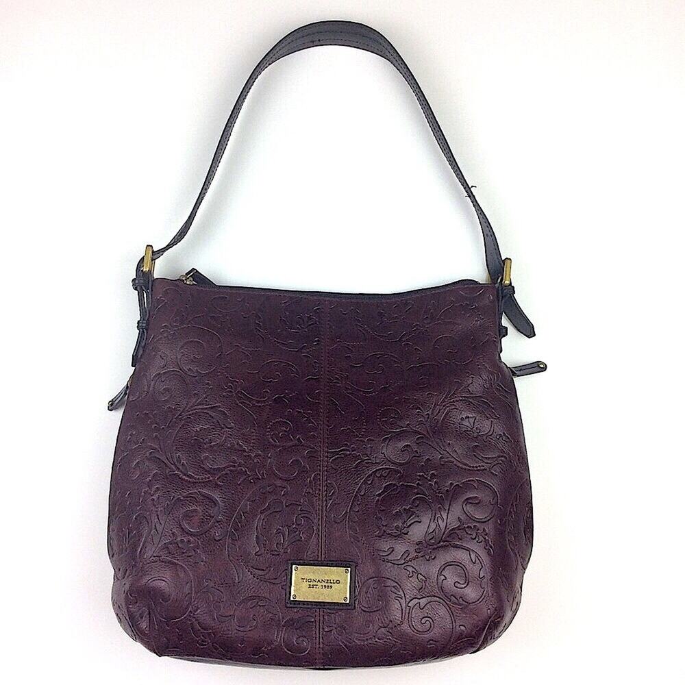 Tignanello Genuine Leather Brown Tooled Embossed Handbag Hobo Bag Purse